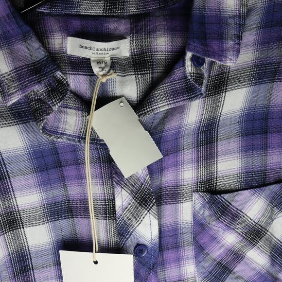 Beachlunchlounge Purple Plaid Button Front Shirt M Frayed Hem - Picture 3 of 4